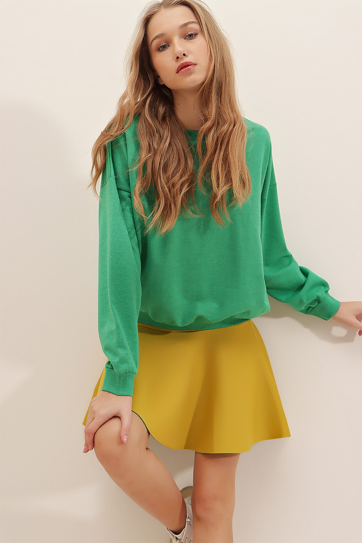Bisiklet Yaka Oversize Basic Sweatshirt - Koyu Yeşil