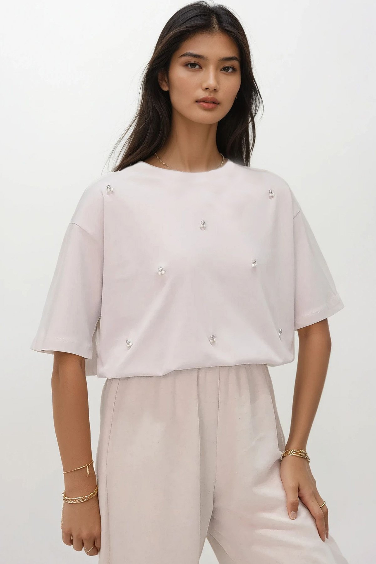 Bisiklet Yaka Oversize İnci Ve Taş İşlemeli T-Shirt - taş