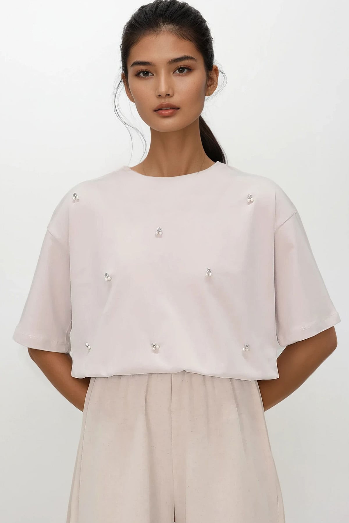 Bisiklet Yaka Oversize İnci Ve Taş İşlemeli T-Shirt - taş