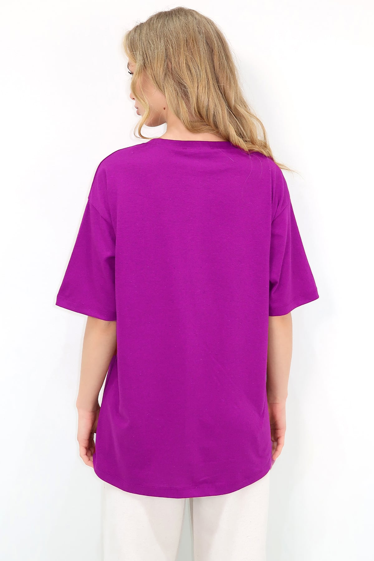 Bisiklet Yaka Oversize İnci Ve Taş İşlemeli T-Shirt - Mor