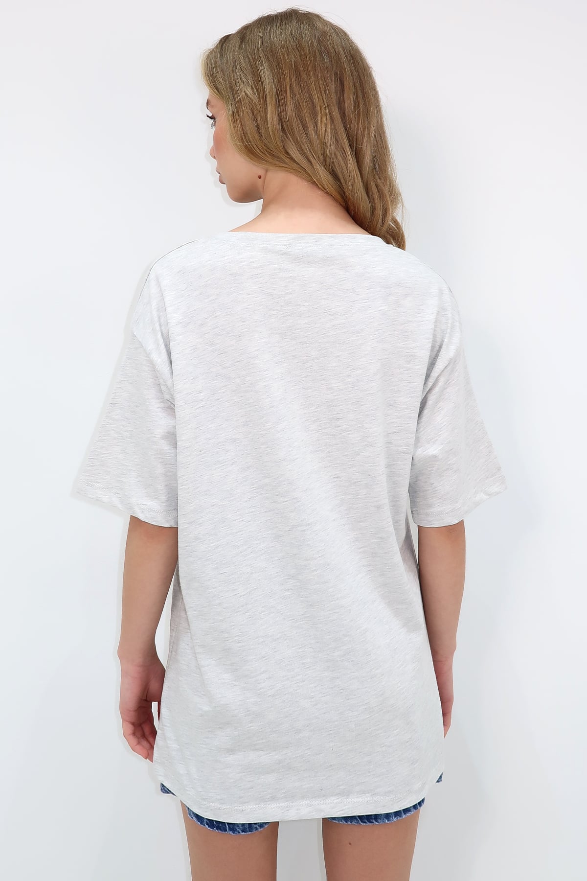 Bisiklet Yaka Oversize İnci Ve Taş İşlemeli T-Shirt - GRİ