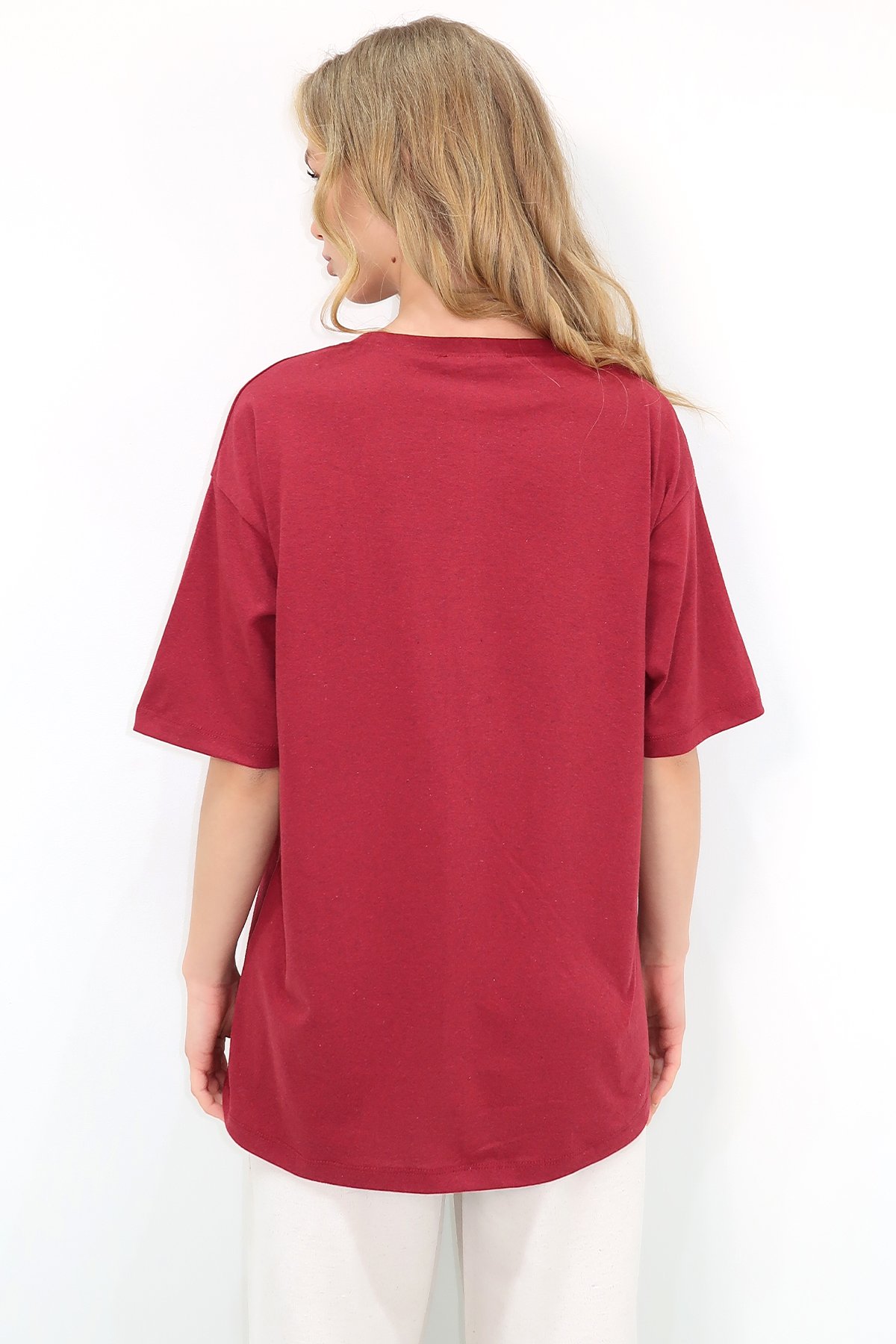 Bisiklet Yaka Oversize İnci Ve Taş İşlemeli T-Shirt - BORDO