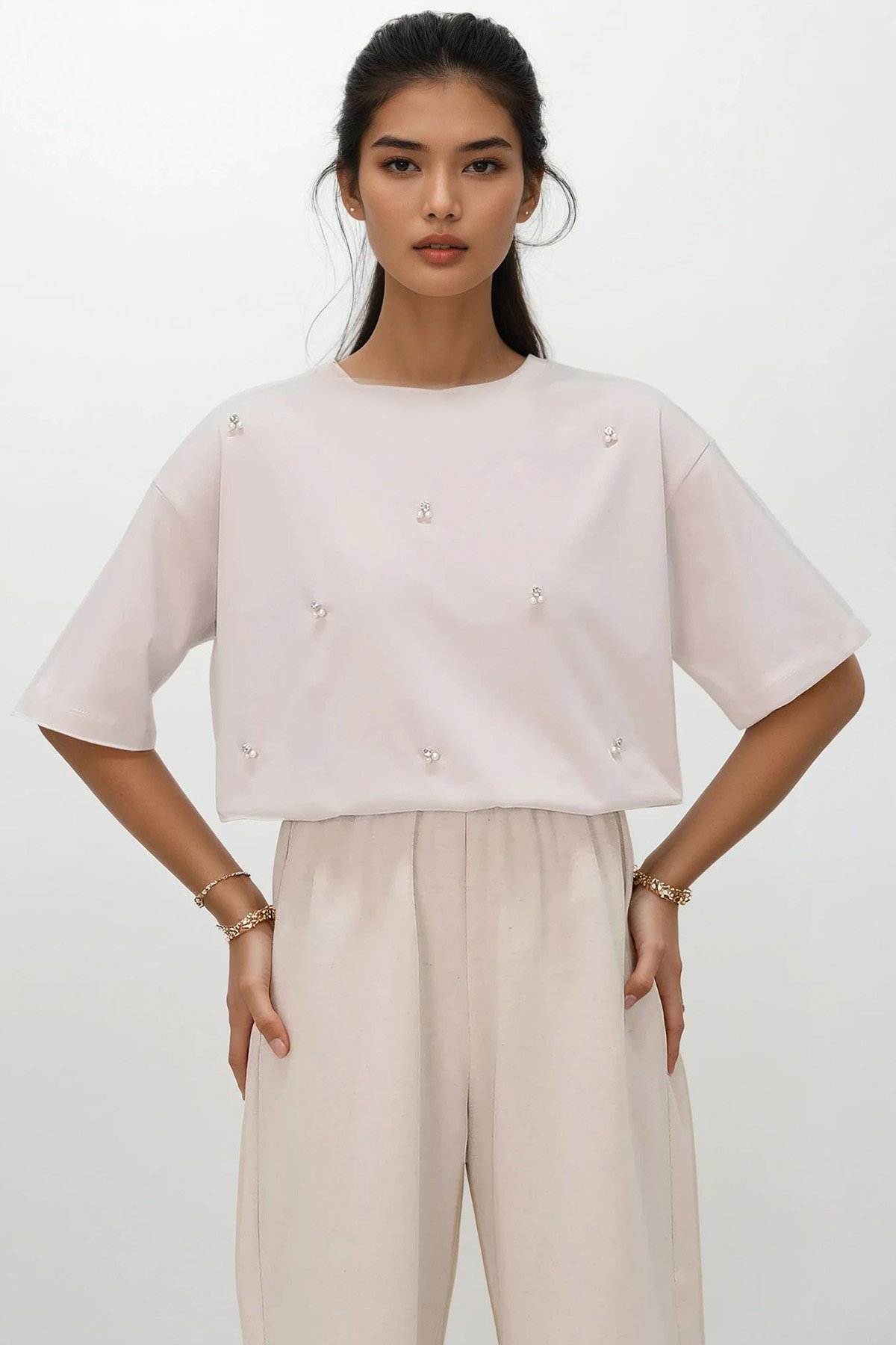 Bisiklet Yaka Oversize İnci Ve Taş İşlemeli T-Shirt - taş