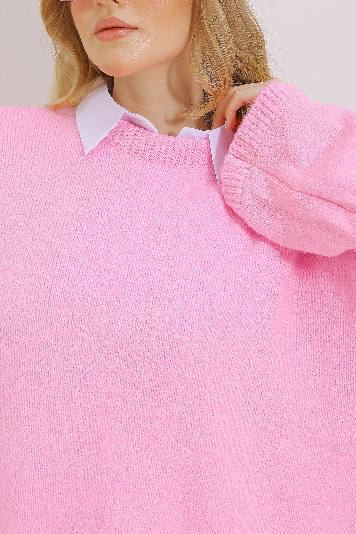 Bisiklet Yaka Oversize Yumoş Kazak - Pembe