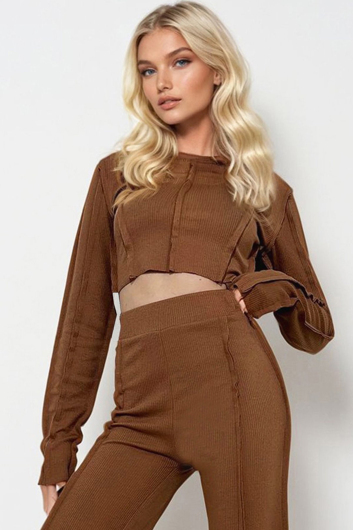 BİSİKLET YAKA PİS DİKİŞ DETAYLI CROP BLUZ VE PALAZZO PANTOLON TAKIM - Bisküvi