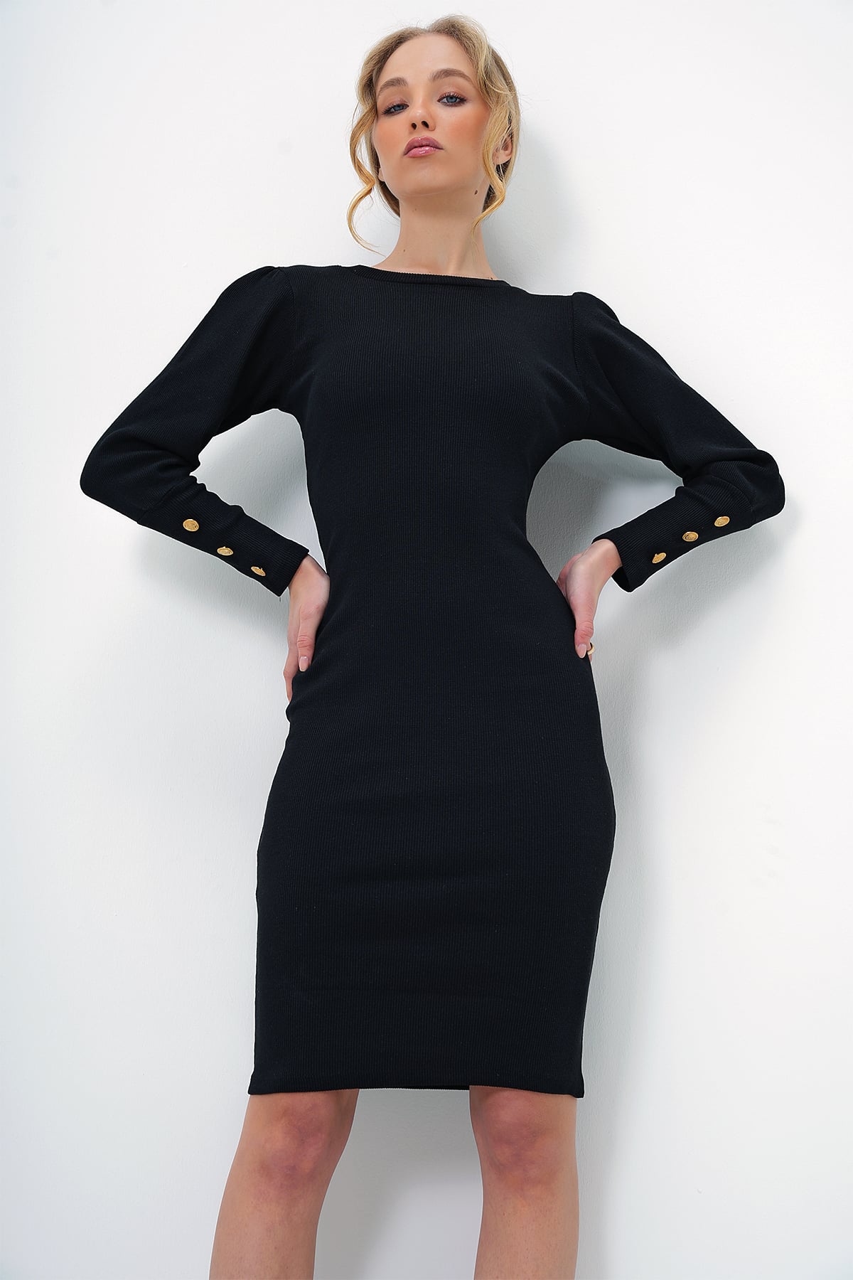 BİSİKLET YAKA PRENSES KOL BASİC ELBİSE - SİYAH