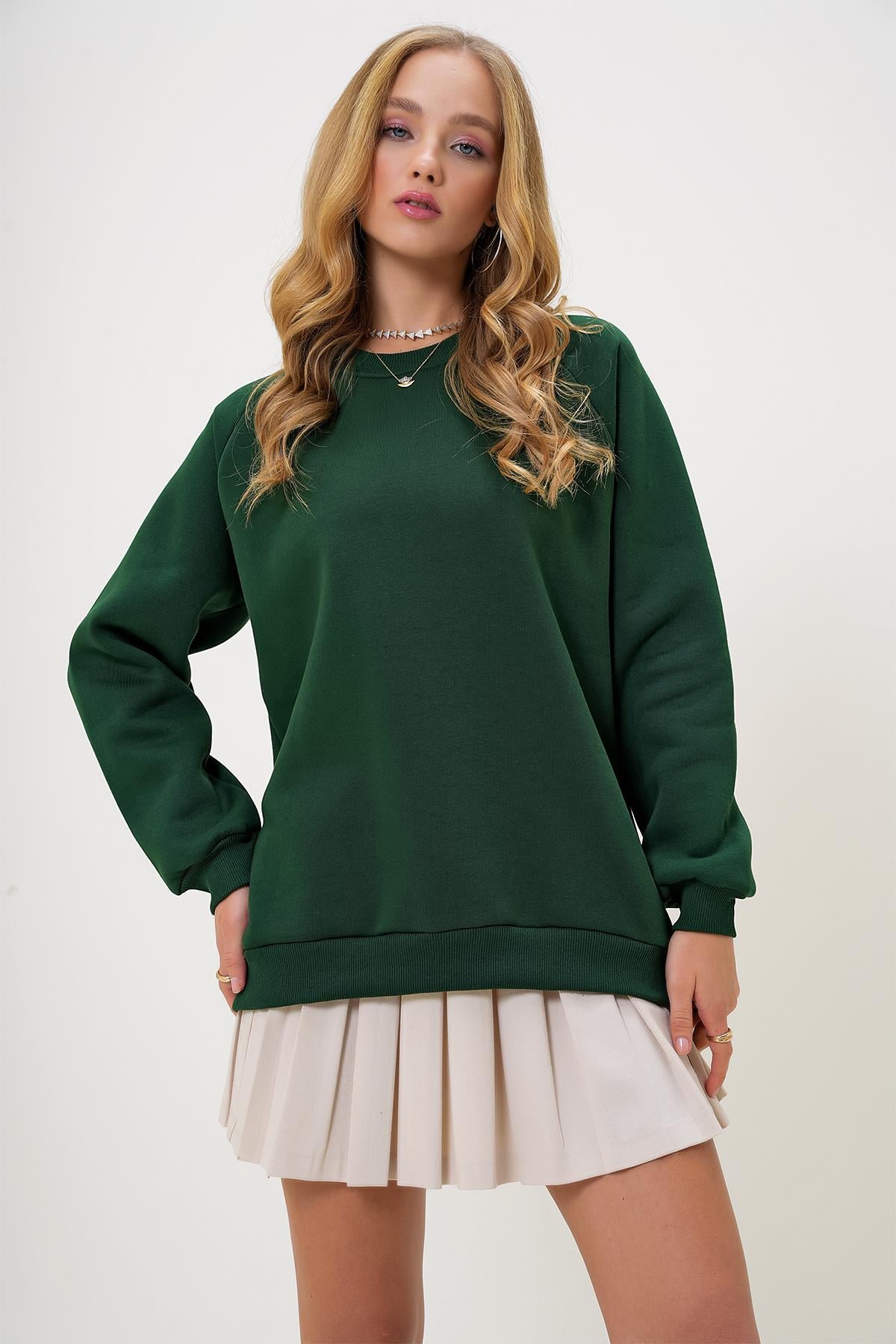 BİSİKLET YAKA REGLAN KOL ÜÇ İPLİK ŞARDONLU BASİC SWEATSHIRT - Yeşil