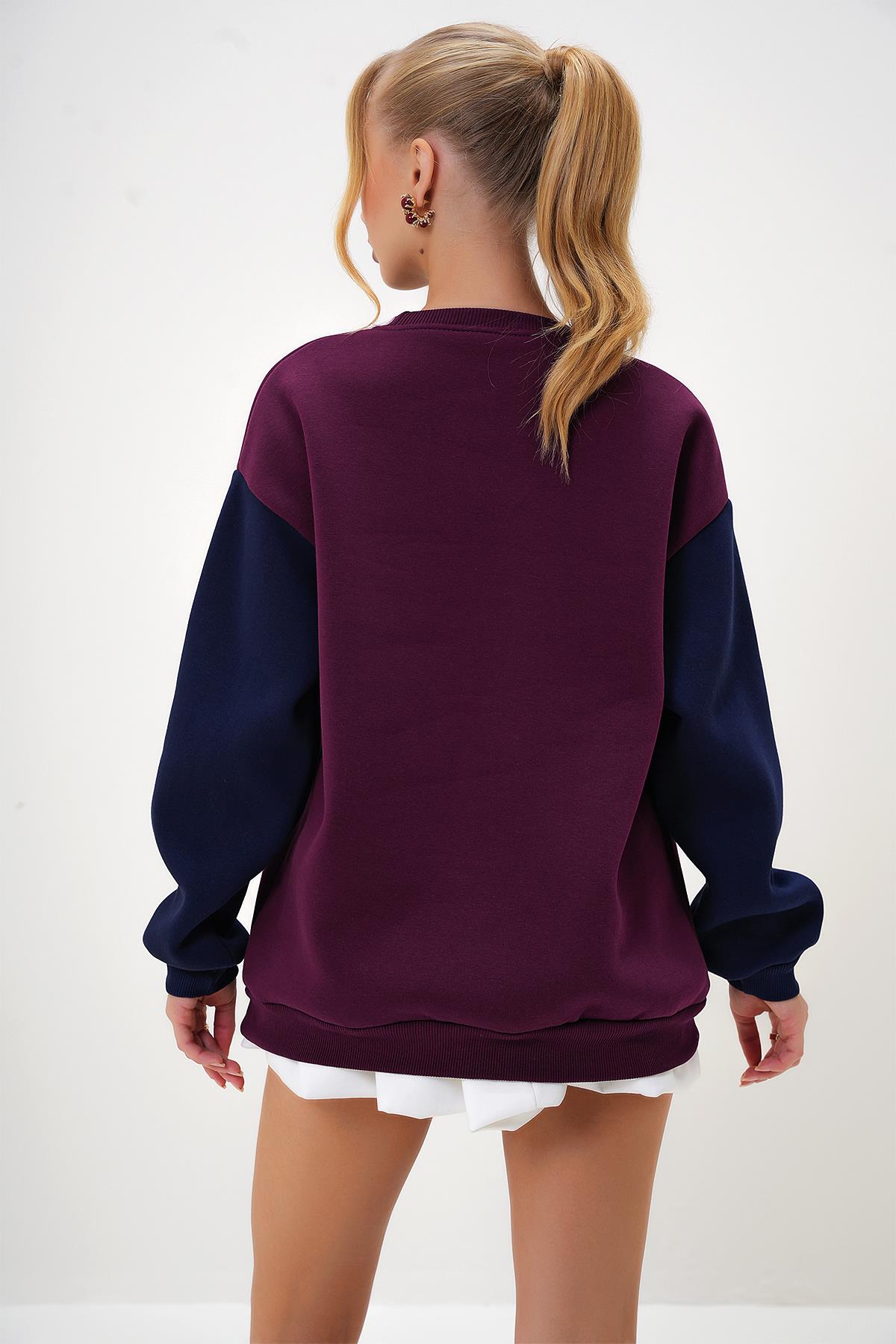 BİSİKLET YAKA RENK BLOKLU HARF DETAYLI 2 İPLİK SWEATSHİRT - Bordo