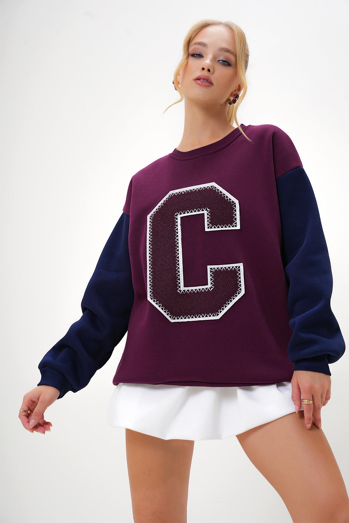 BİSİKLET YAKA RENK BLOKLU HARF DETAYLI 2 İPLİK SWEATSHİRT - Bordo