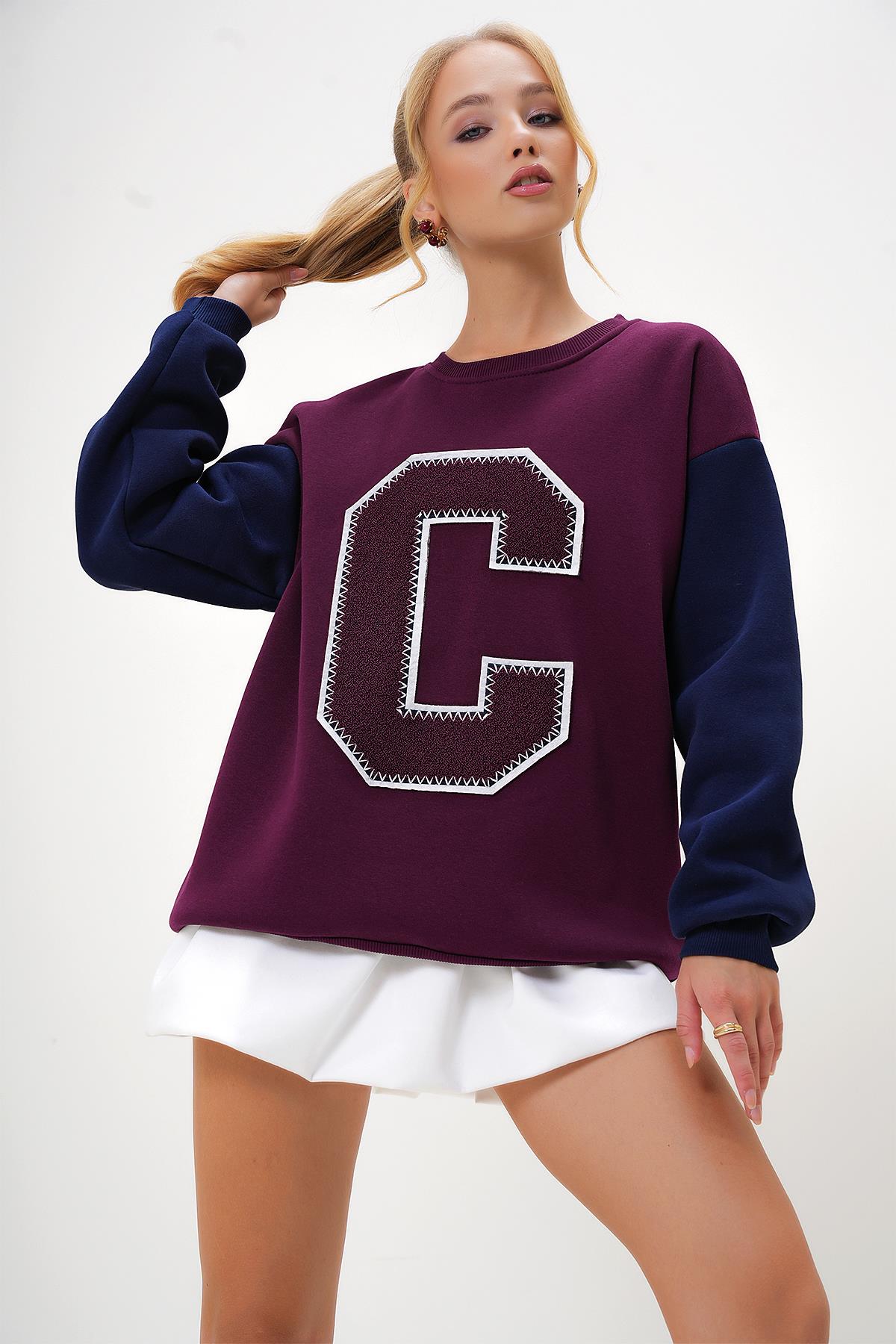 BİSİKLET YAKA RENK BLOKLU HARF DETAYLI 2 İPLİK SWEATSHİRT - Bordo