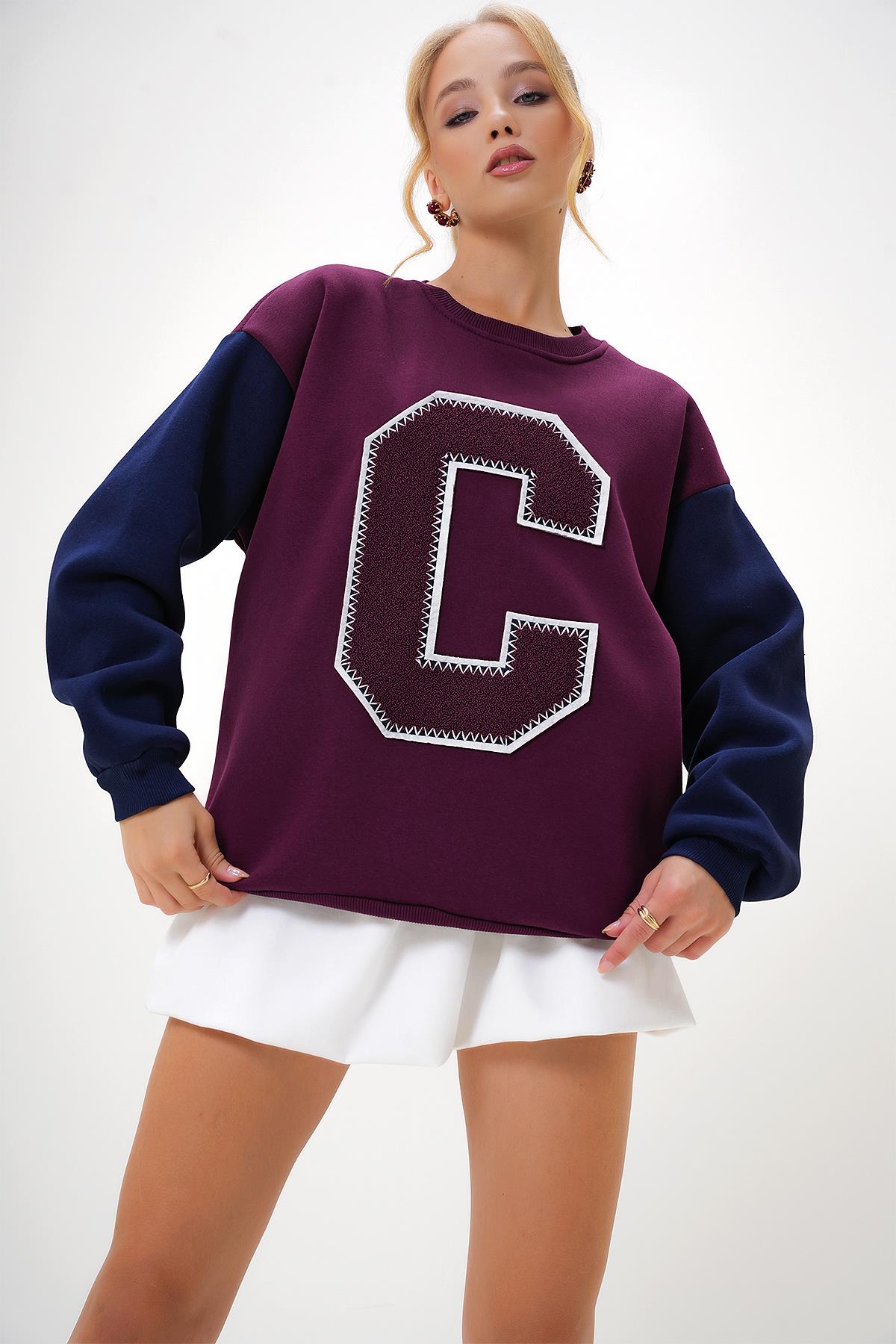 BİSİKLET YAKA RENK BLOKLU HARF DETAYLI 2 İPLİK SWEATSHİRT - Bordo