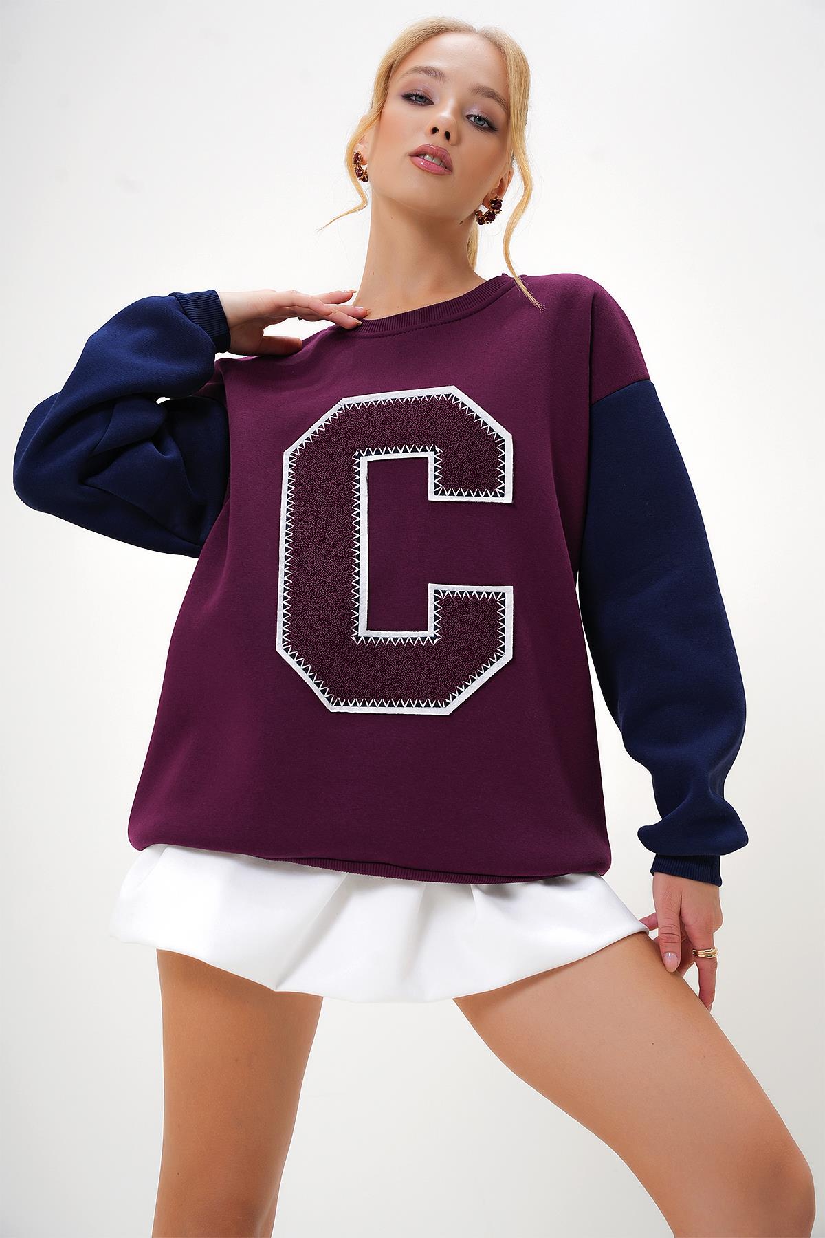 BİSİKLET YAKA RENK BLOKLU HARF DETAYLI 2 İPLİK SWEATSHİRT - Bordo