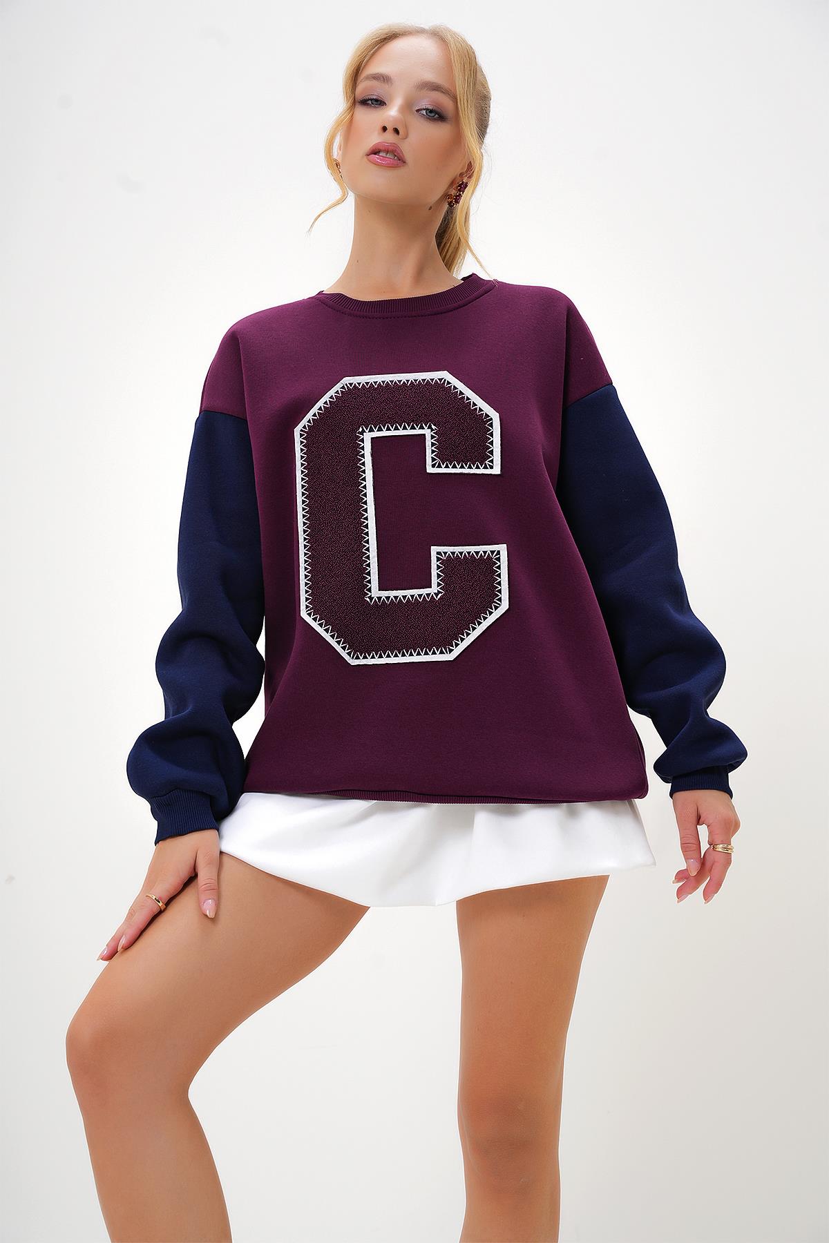 BİSİKLET YAKA RENK BLOKLU HARF DETAYLI 2 İPLİK SWEATSHİRT - Bordo