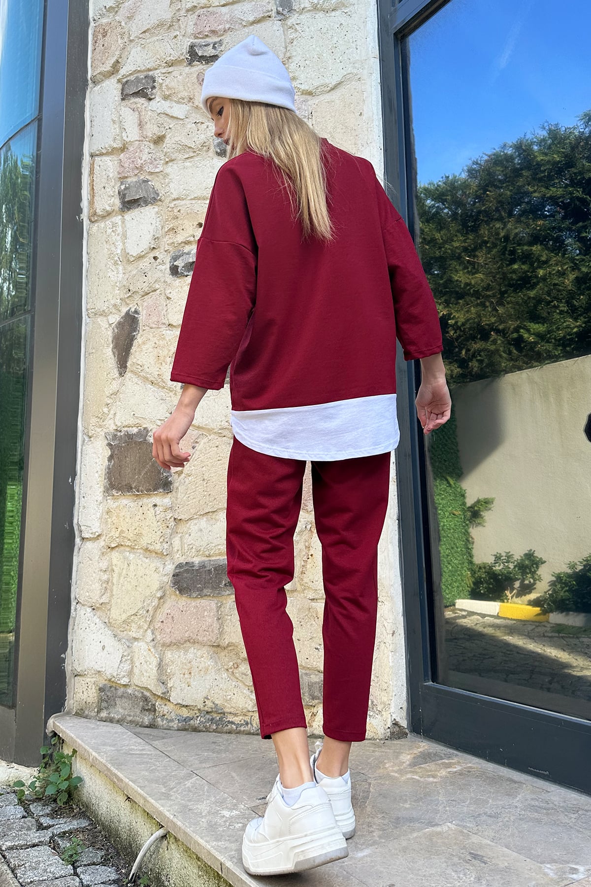 Bisiklet Yaka Renk Garnili Bluz Ve Çift Cepli Nervür Dikişli Pantolon İkili Takım - Bordo