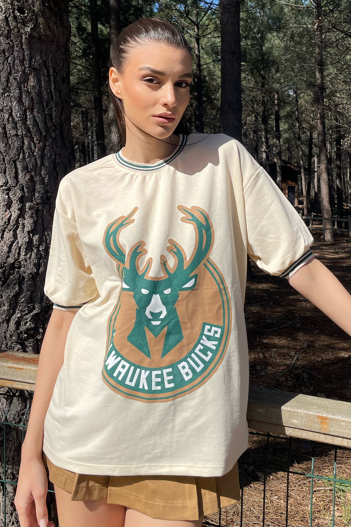 Bisiklet Yaka Ribana Yaka Baskılı Unisex Oversize T-Shirt - Bej