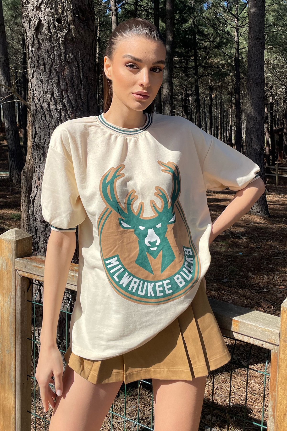 Bisiklet Yaka Ribana Yaka Baskılı Unisex Oversize T-Shirt - Bej