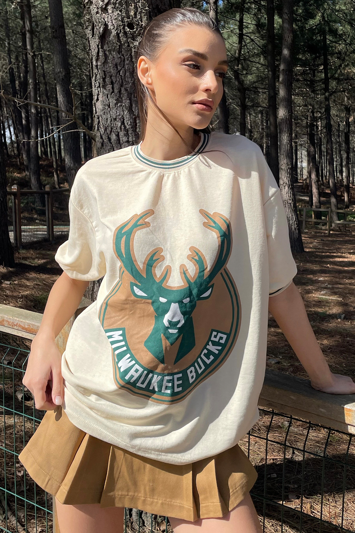 Bisiklet Yaka Ribana Yaka Baskılı Unisex Oversize T-Shirt - Bej