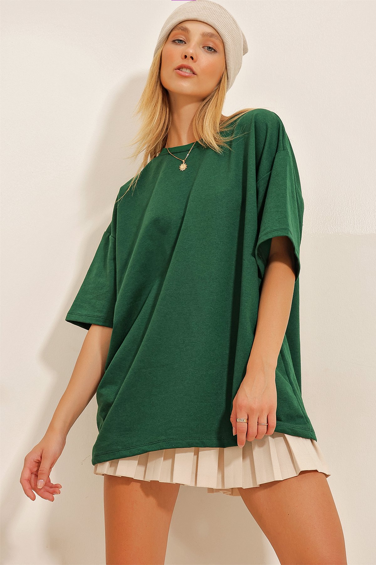 Bisiklet Yaka Ribanalı Oversize Unisex T-Shirt - Yeşil