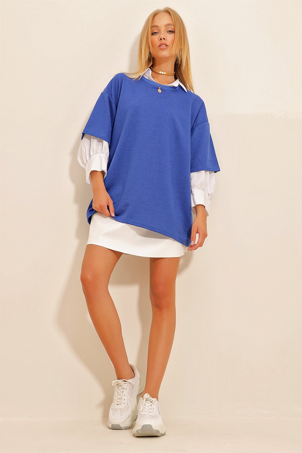 Bisiklet Yaka Ribanalı Oversize Unisex T-Shirt - Saks