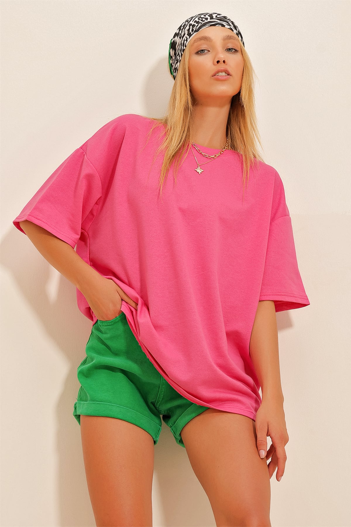 Bisiklet Yaka Ribanalı Oversize Unisex T-Shirt - Fuşya