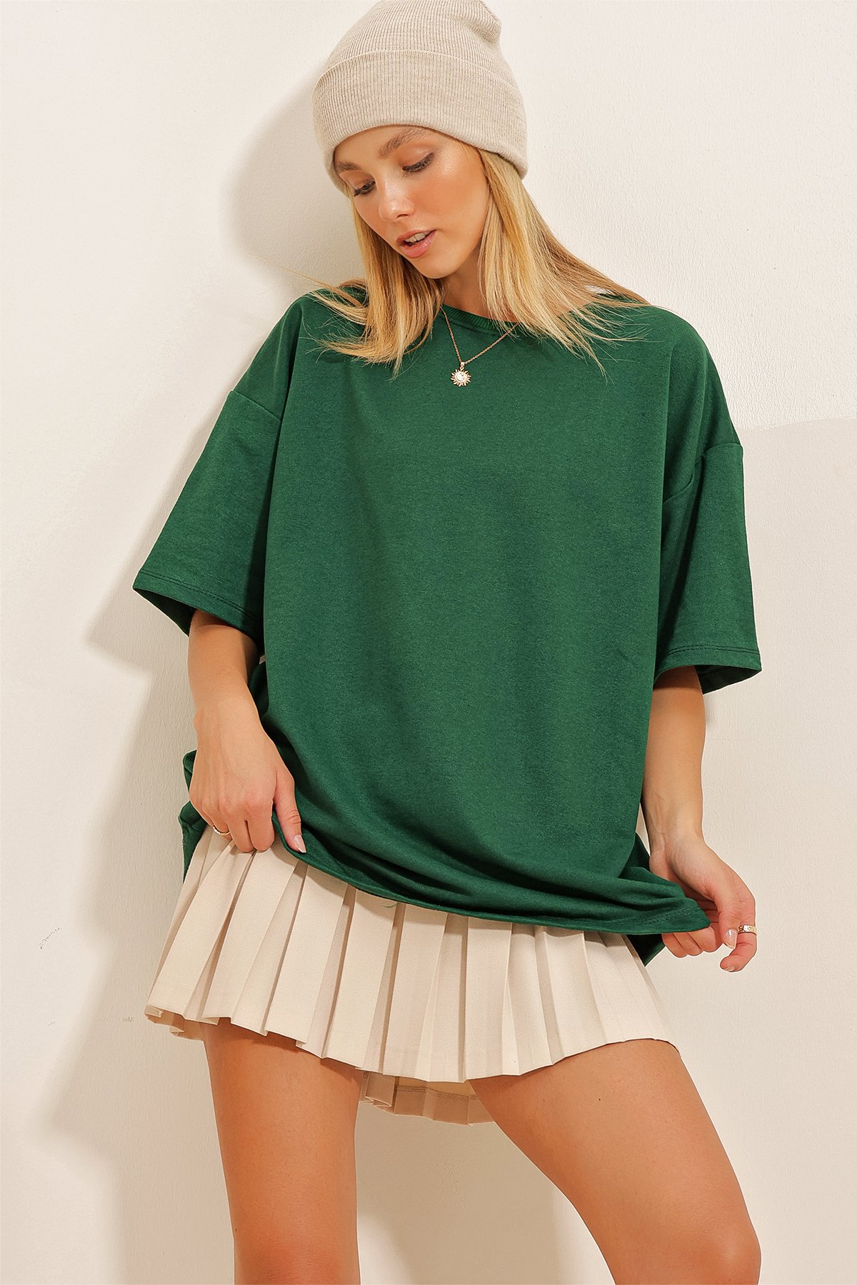 Bisiklet Yaka Ribanalı Oversize Unisex T-Shirt - Yeşil