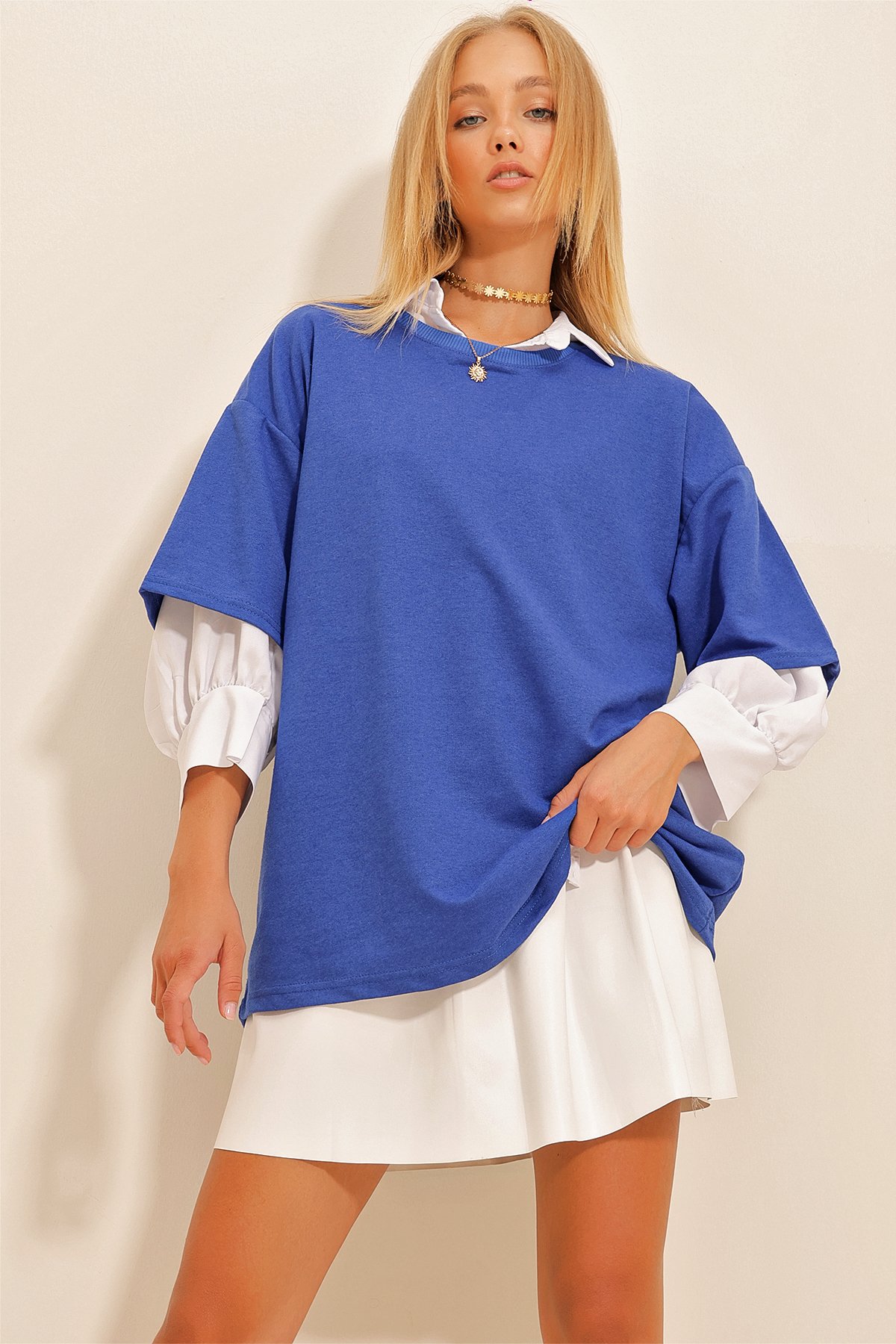 Bisiklet Yaka Ribanalı Oversize Unisex T-Shirt - Saks