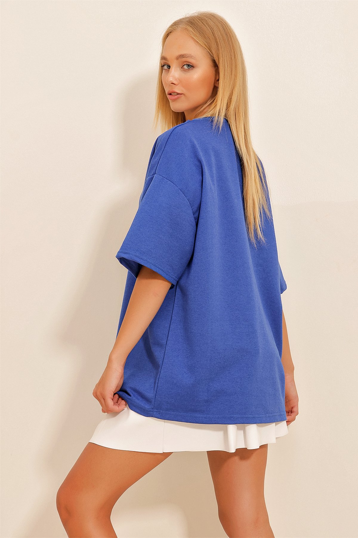 Bisiklet Yaka Ribanalı Oversize Unisex T-Shirt - Saks