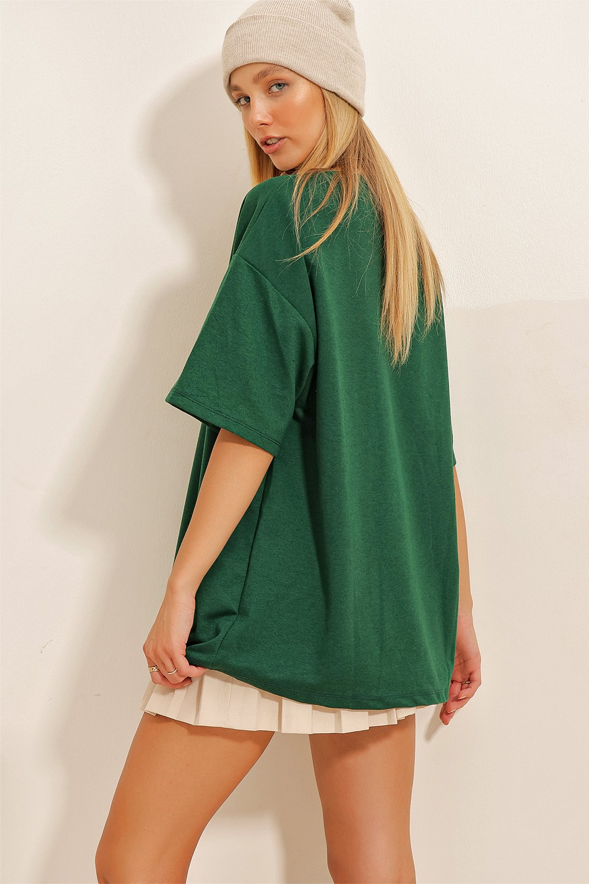 Bisiklet Yaka Ribanalı Oversize Unisex T-Shirt - Yeşil