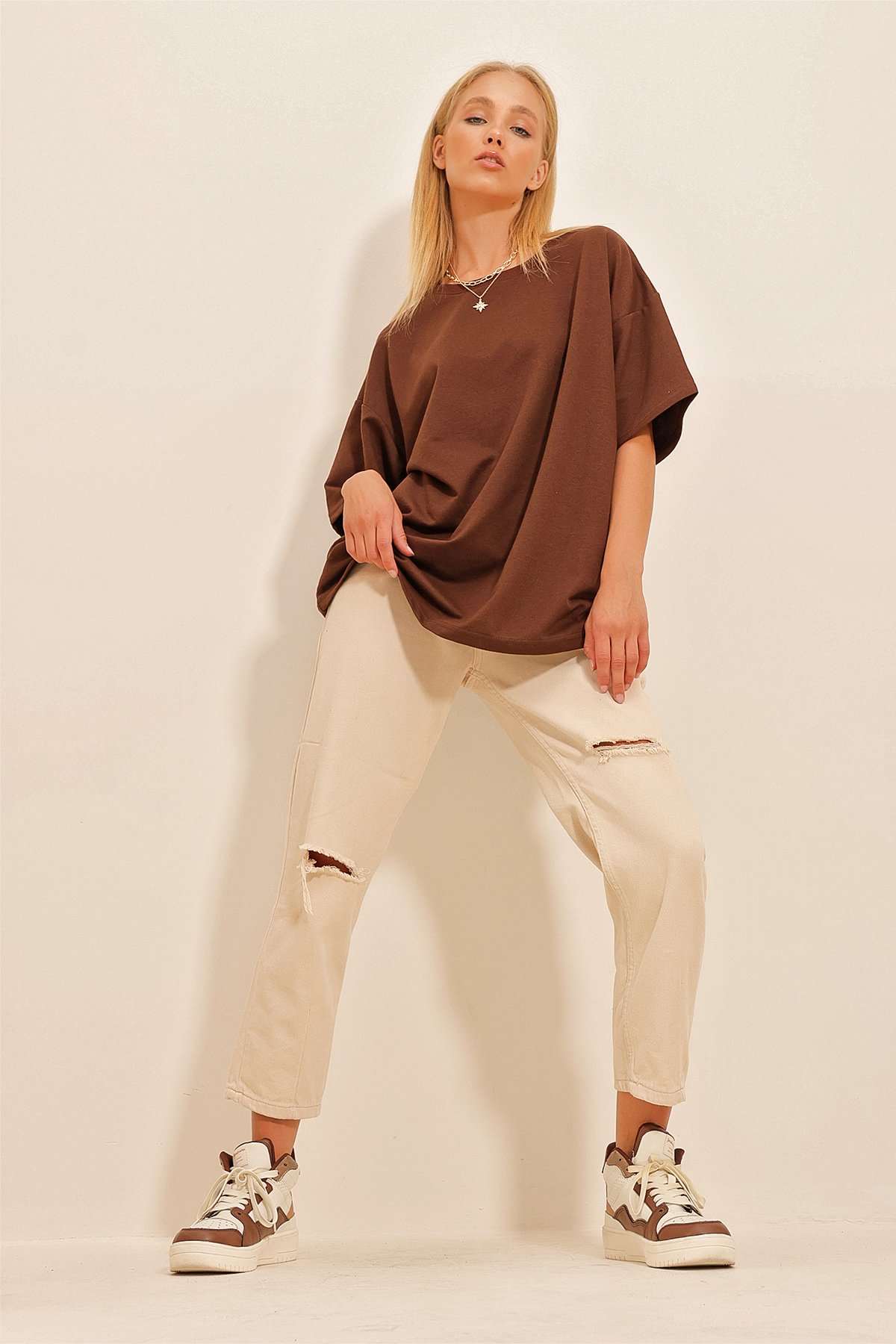 Bisiklet Yaka Ribanalı Oversize Unisex T-Shirt - Kahve