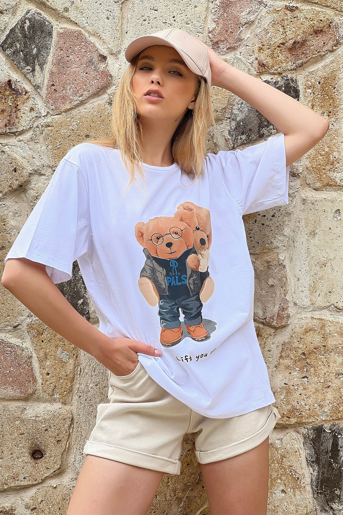 Bisiklet Yaka Rotasyon Baskılı %100 Pamuk Oversize T-Shırt - Beyaz