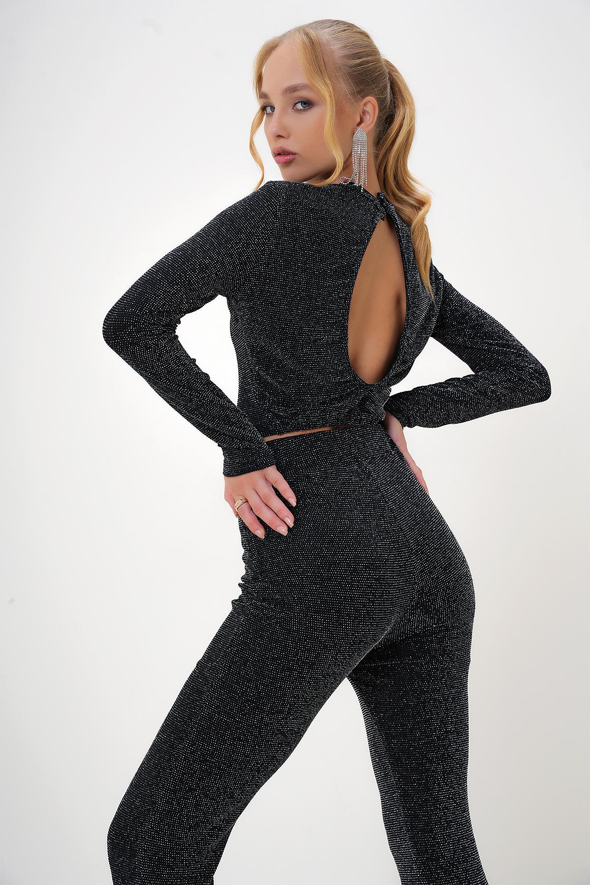 BİSİKLET YAKA SİMLİ ÖRME CROP BLUZ - Antrasit