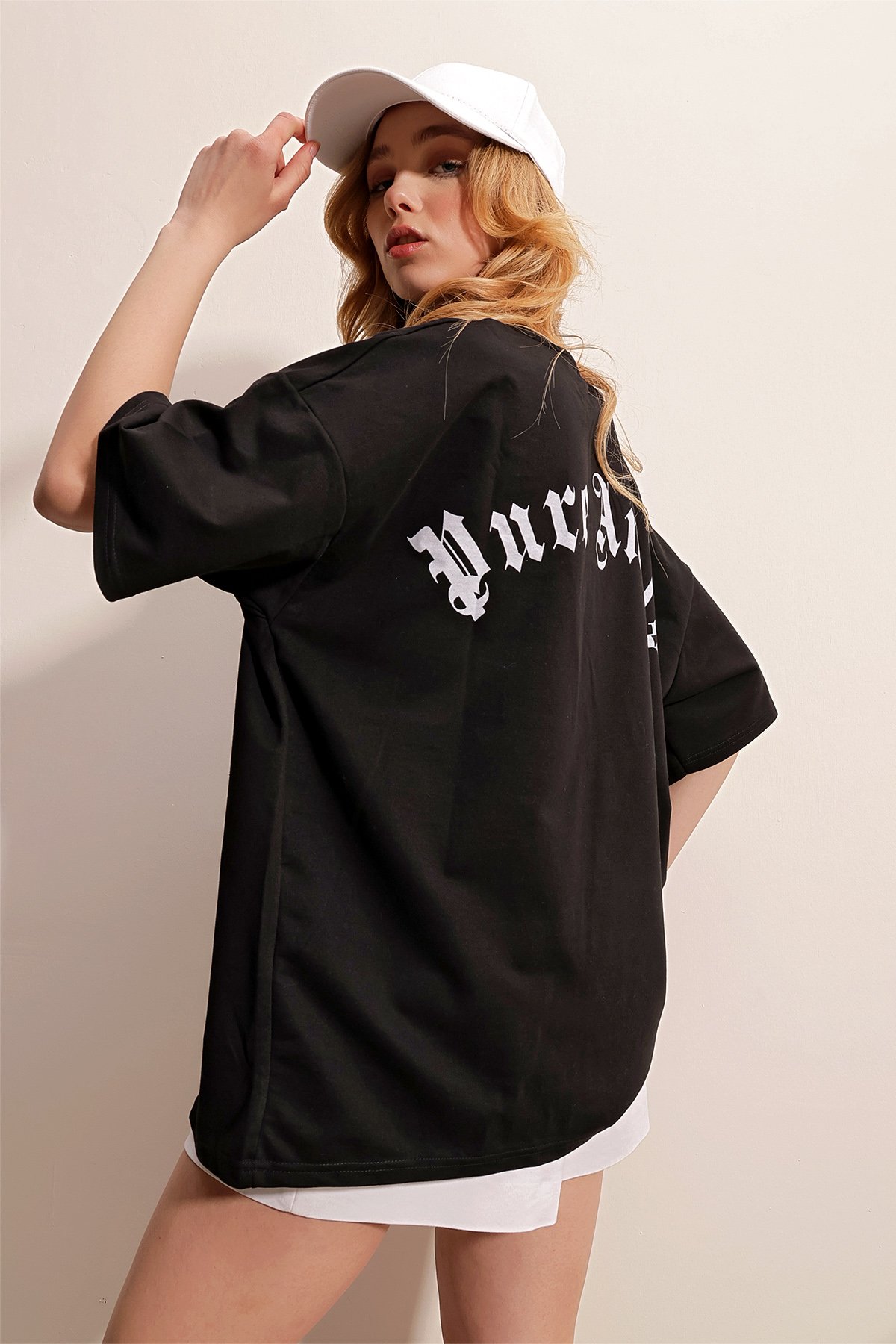 Bisiklet Yaka Sırt Ve Yaka Baskılı Oversize İki İplik T-Shirt - SİYAH