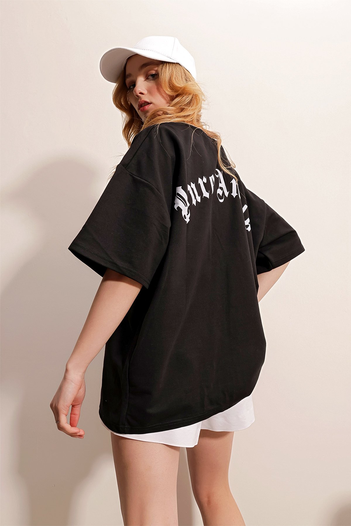 Bisiklet Yaka Sırt Ve Yaka Baskılı Oversize İki İplik T-Shirt - SİYAH