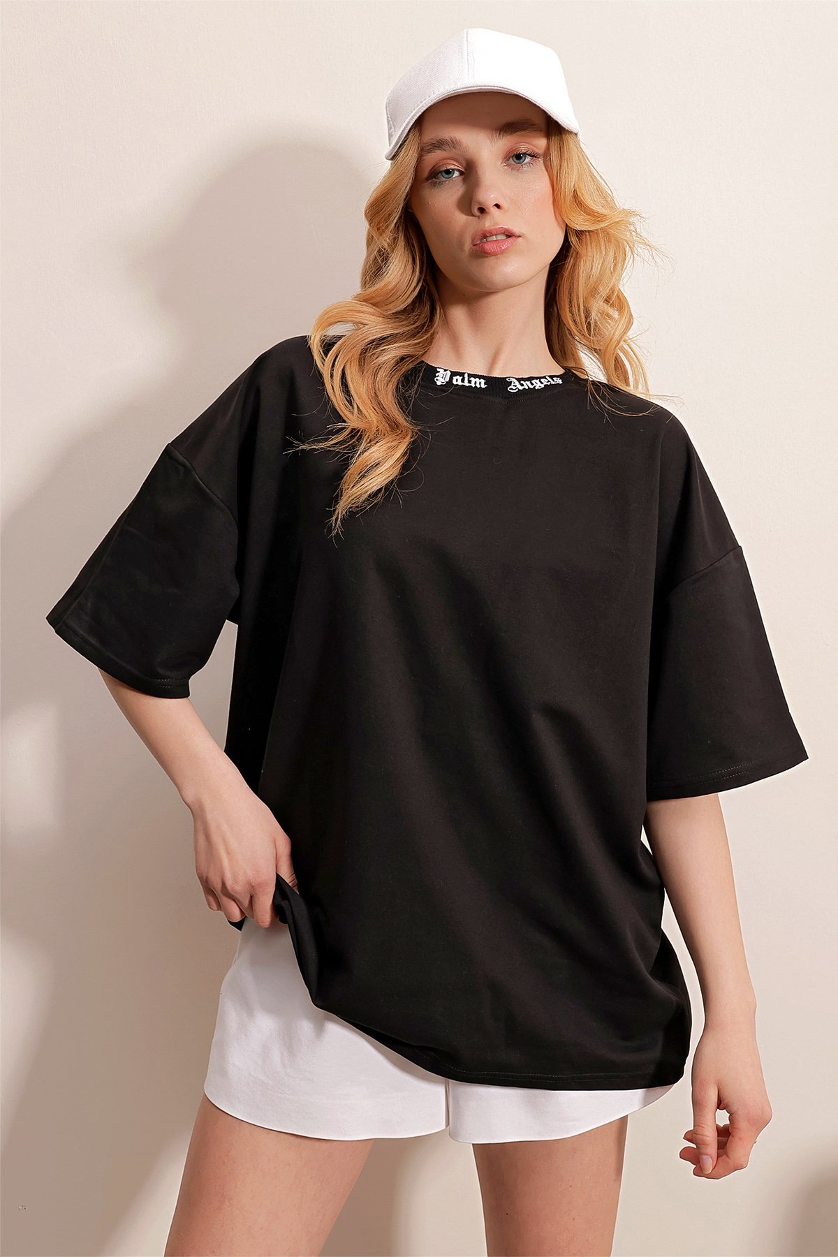 Bisiklet Yaka Sırt Ve Yaka Baskılı Oversize İki İplik T-Shirt - SİYAH