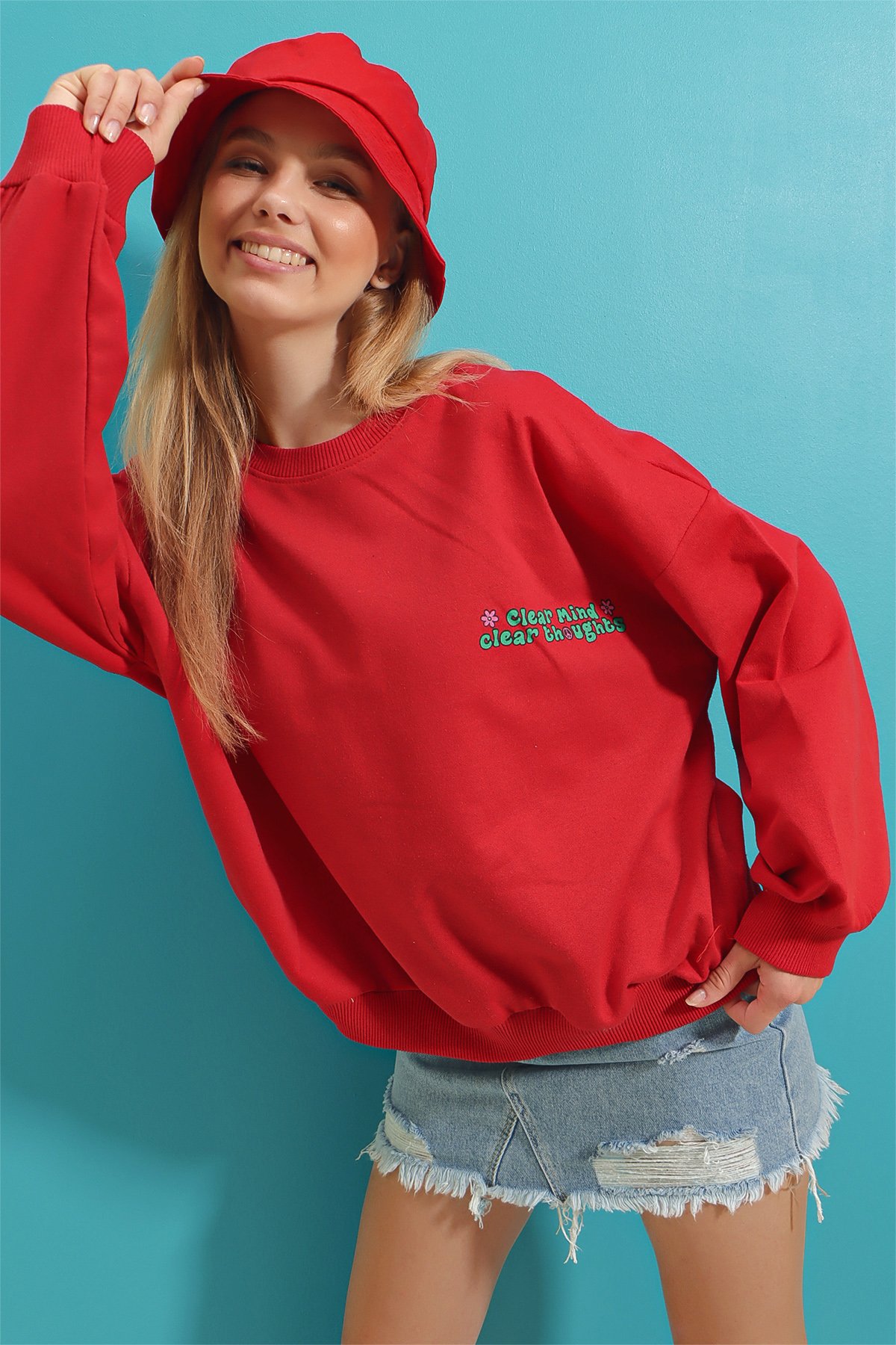 Bisiklet Yaka Sırtı Baskılı Sweatshirt - Kırmızı