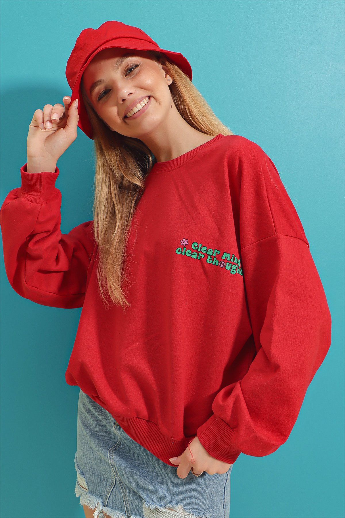 Bisiklet Yaka Sırtı Baskılı Sweatshirt - Kırmızı