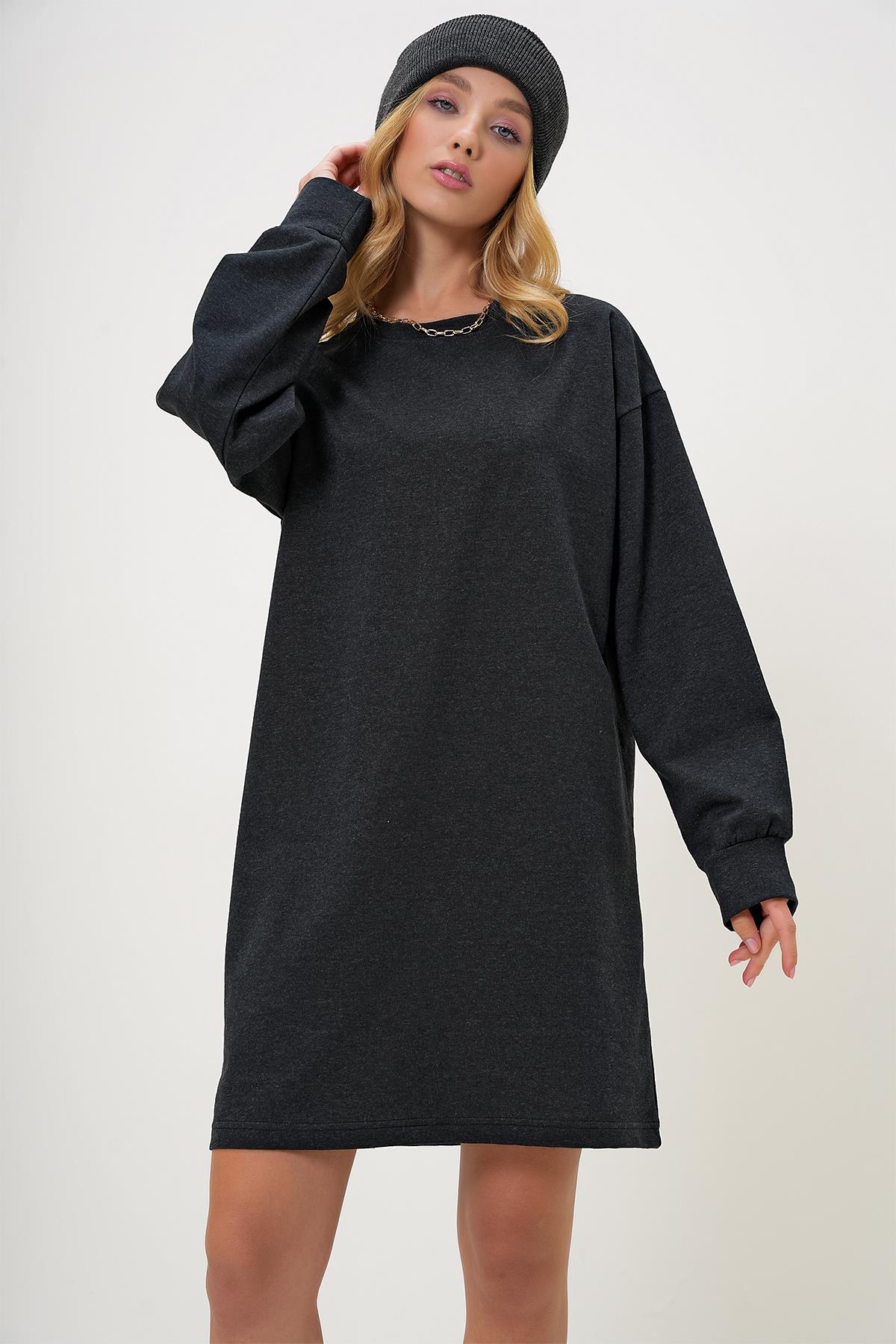Bisiklet Yaka Sweatshirt Elbise - Antrasit