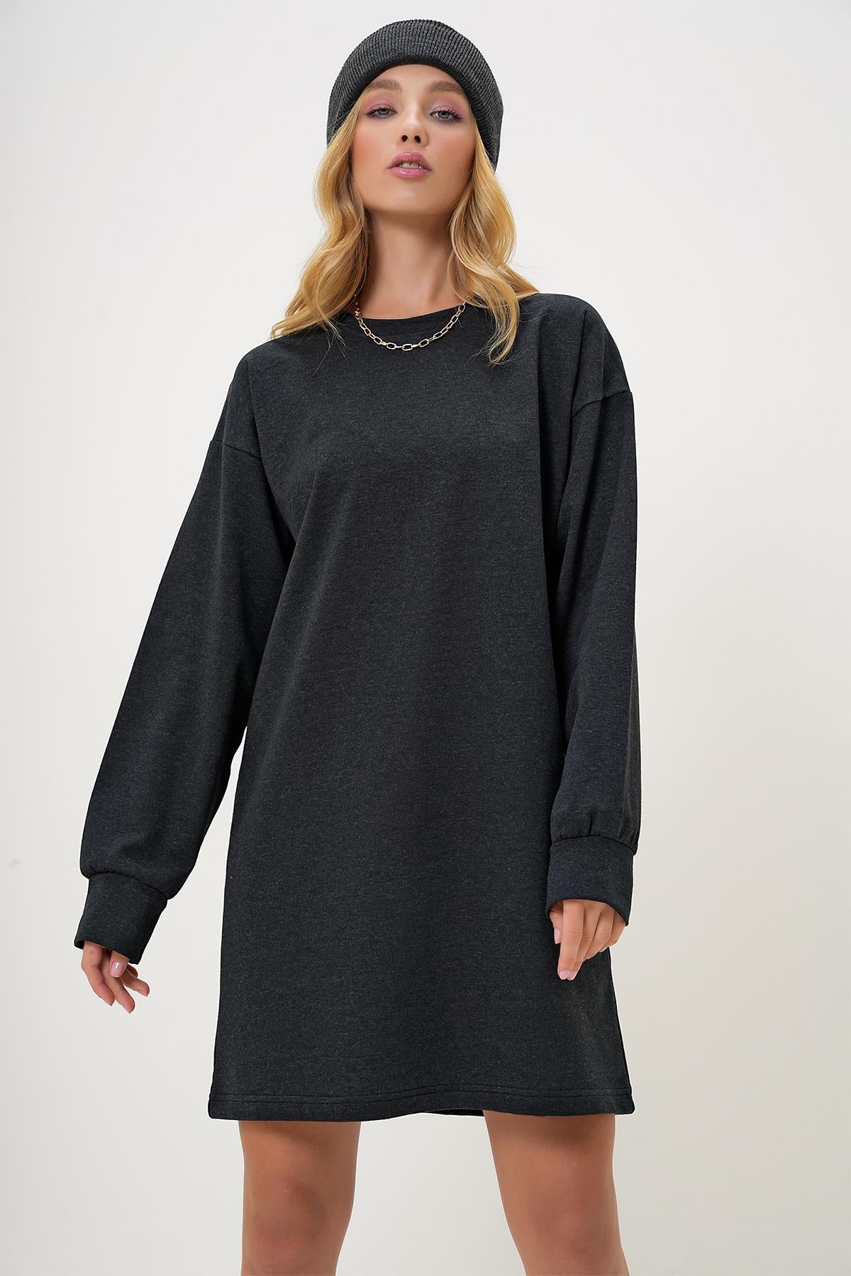 Bisiklet Yaka Sweatshirt Elbise - Antrasit