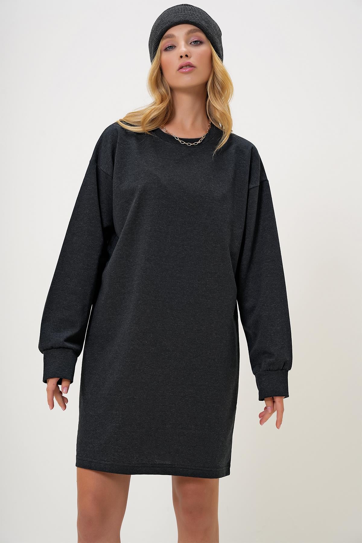 Bisiklet Yaka Sweatshirt Elbise - Antrasit
