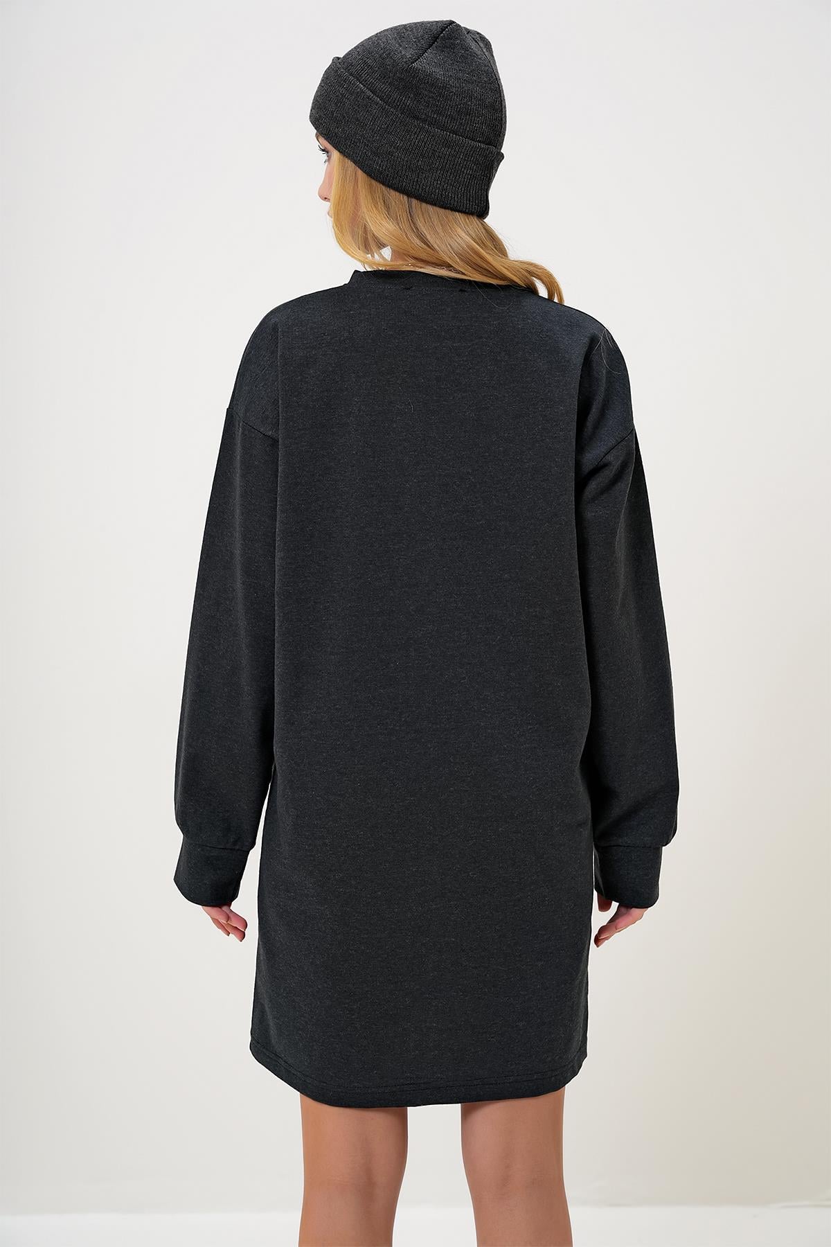 Bisiklet Yaka Sweatshirt Elbise - Antrasit