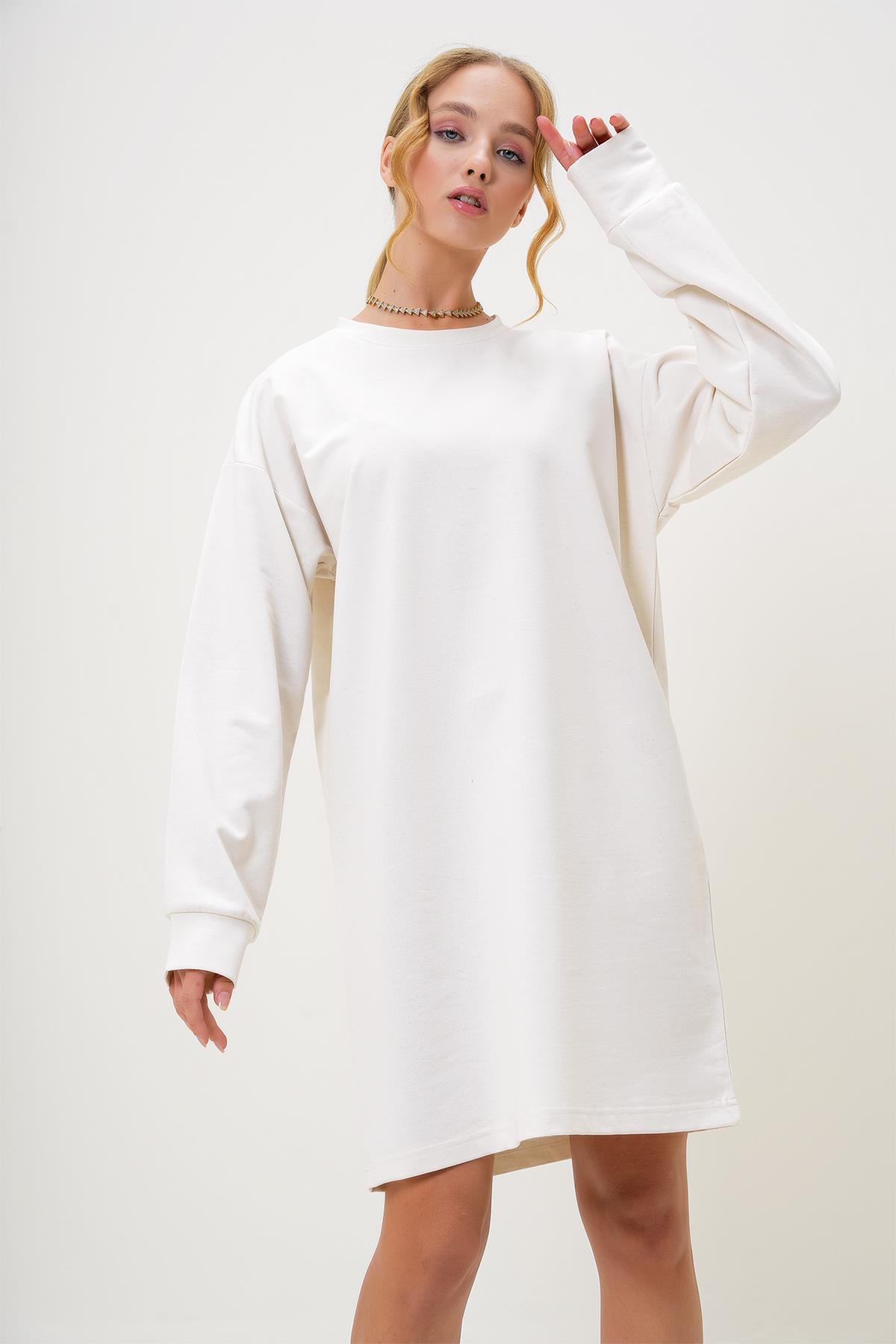 Bisiklet Yaka Sweatshirt Elbise - EKRU