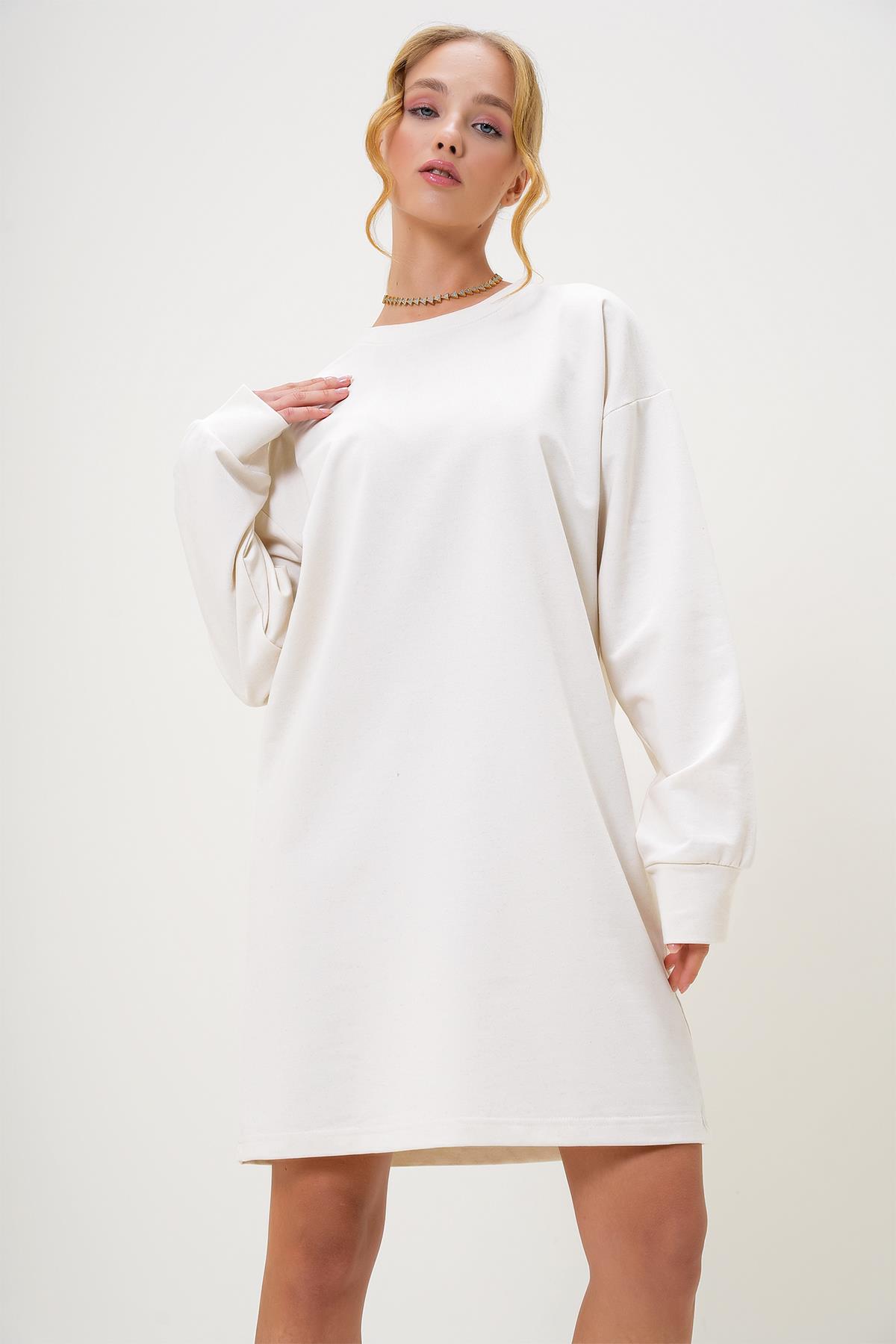 Bisiklet Yaka Sweatshirt Elbise - EKRU