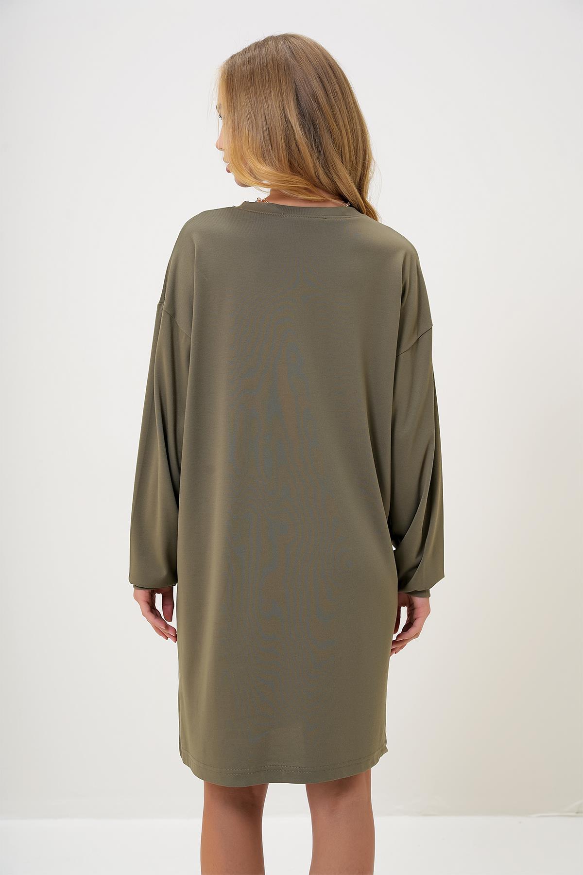 Bisiklet Yaka Sweatshirt Elbise - HAKİ