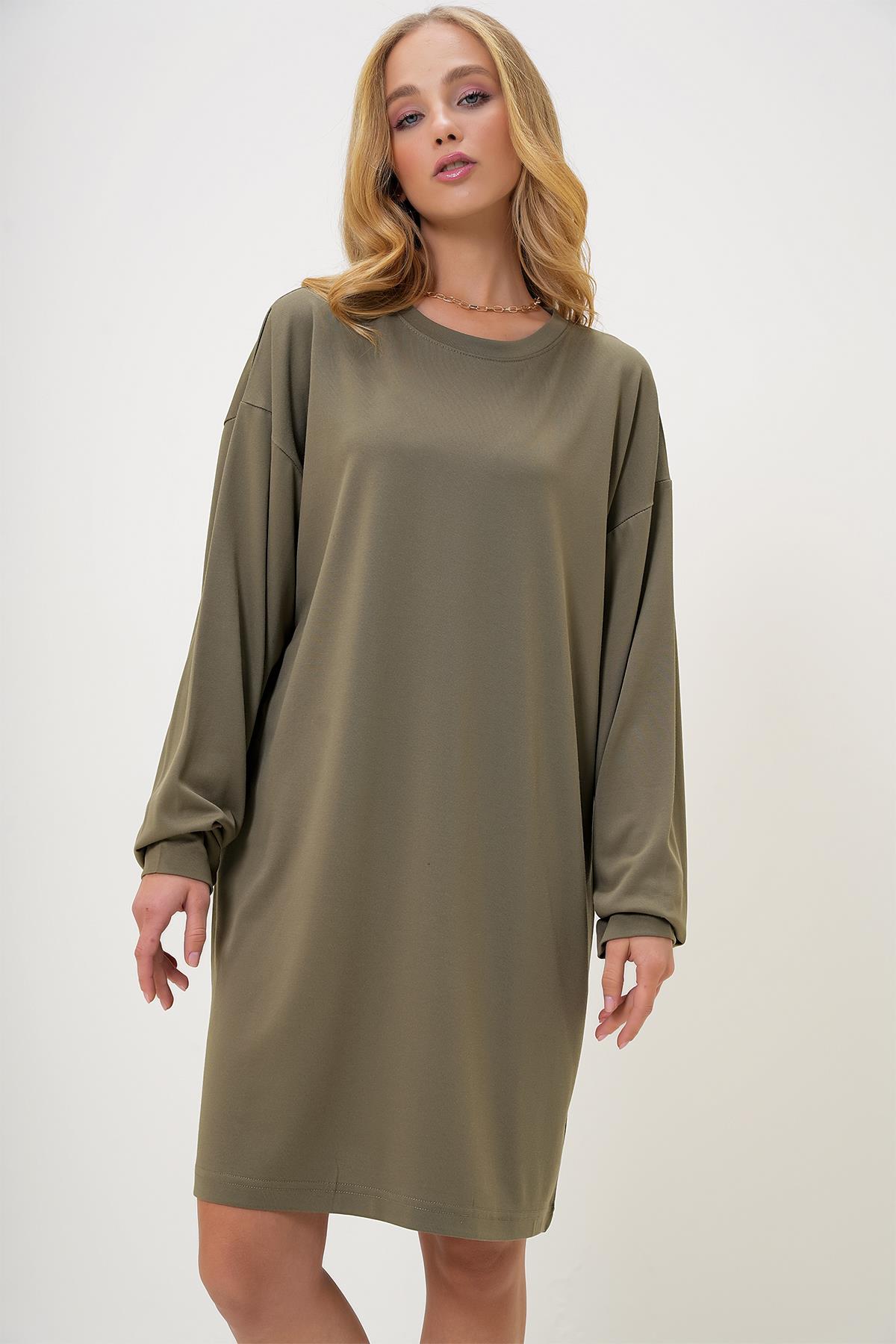 Bisiklet Yaka Sweatshirt Elbise - HAKİ