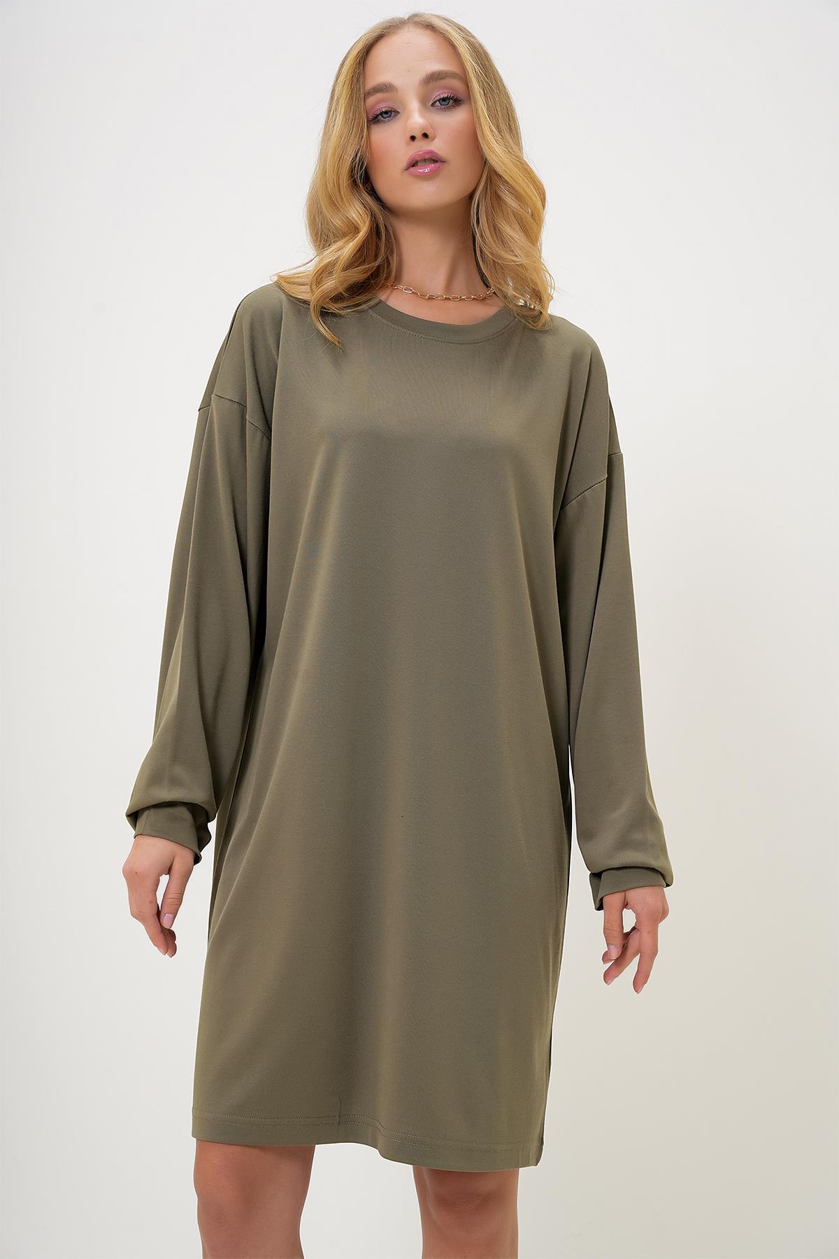 Bisiklet Yaka Sweatshirt Elbise - HAKİ