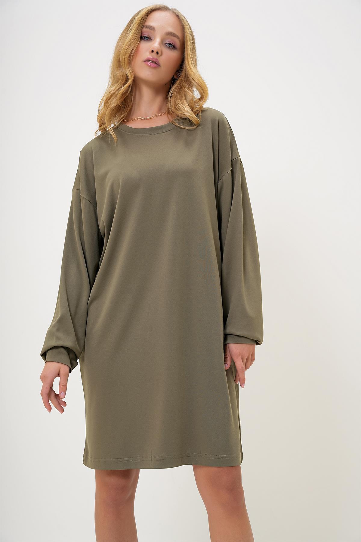 Bisiklet Yaka Sweatshirt Elbise - HAKİ