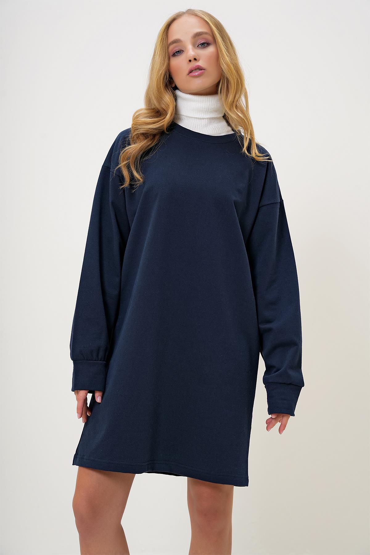 Bisiklet Yaka Sweatshirt Elbise - Lacivert