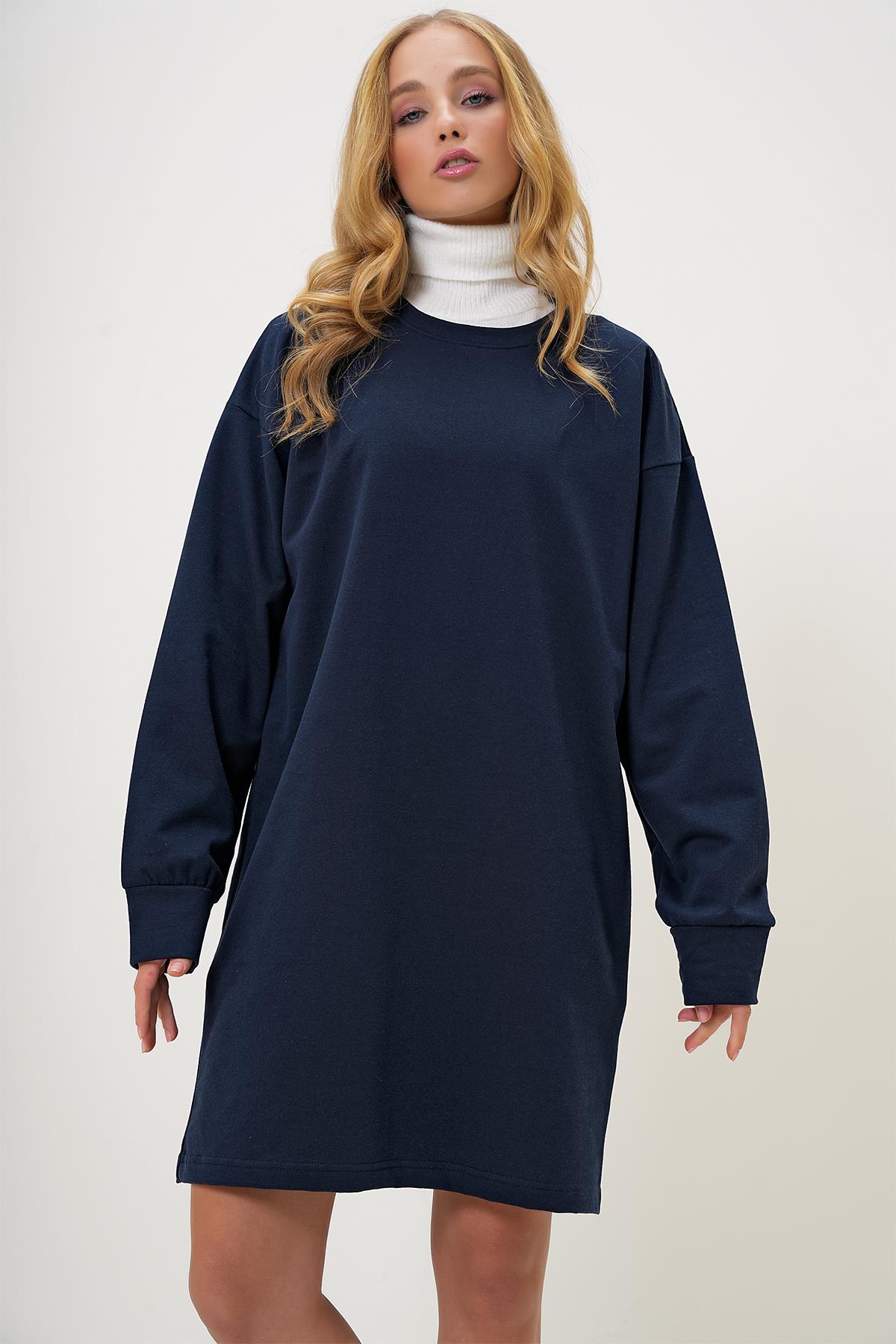 Bisiklet Yaka Sweatshirt Elbise - Lacivert