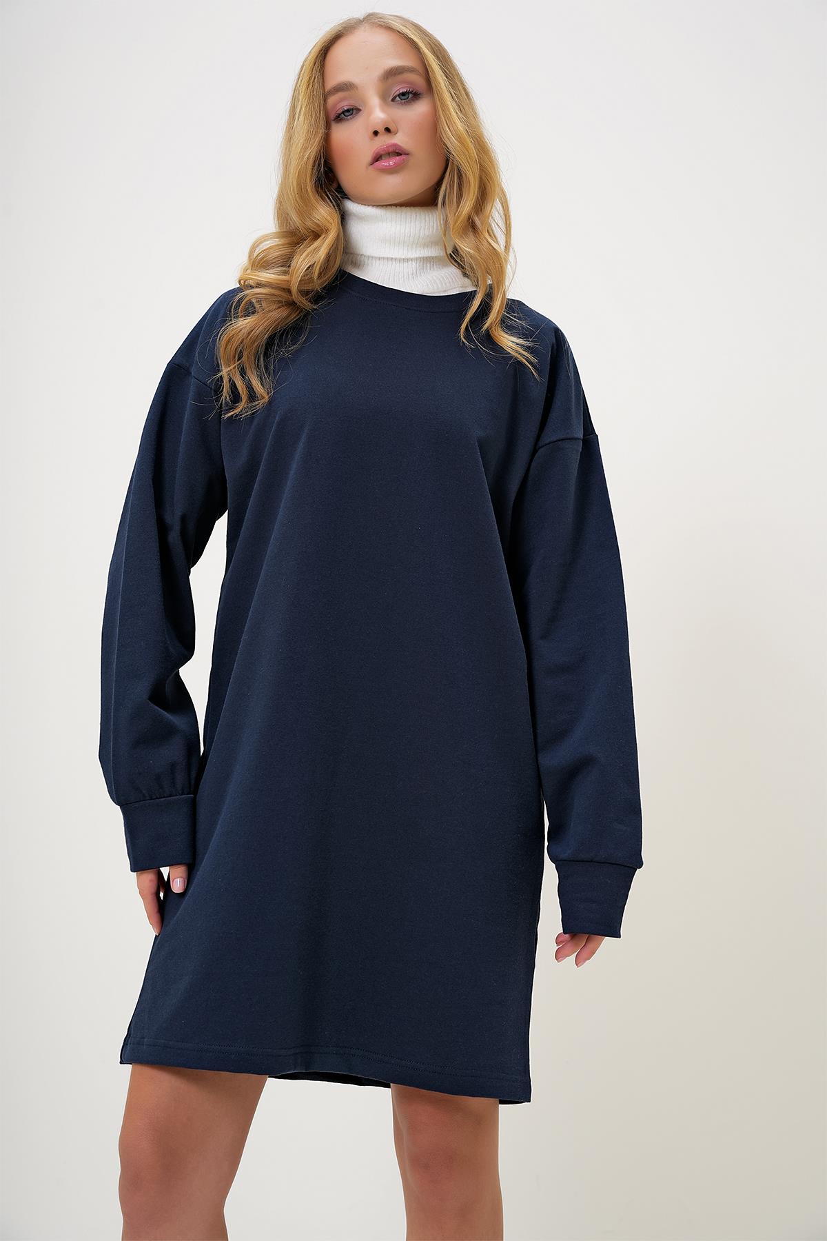Bisiklet Yaka Sweatshirt Elbise - Lacivert