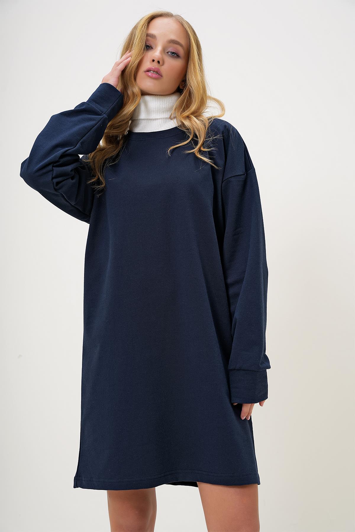 Bisiklet Yaka Sweatshirt Elbise - Lacivert